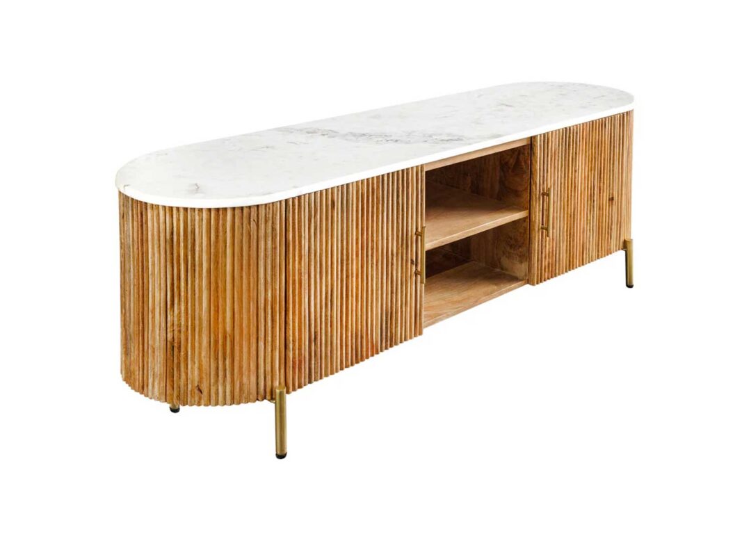 Meuble tv 140 cm bois de manguier strié et plateau en marbre blanc