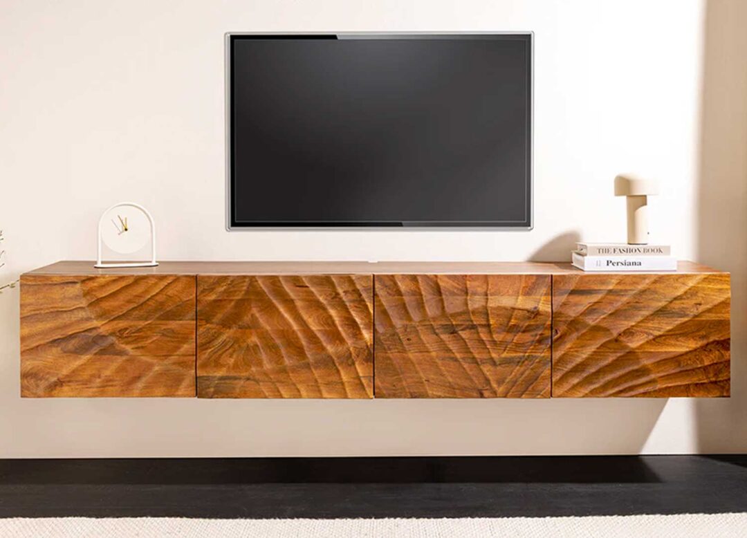 Meuble tv 200 cm bois de manguier massif 4 portes suspendu