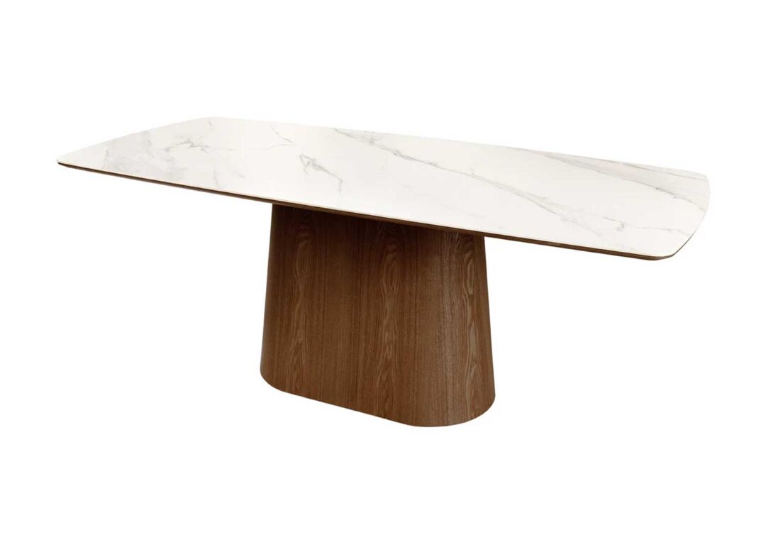 Table rectangulaire 200cm aspect marbre blanc et bois de noyer foncé