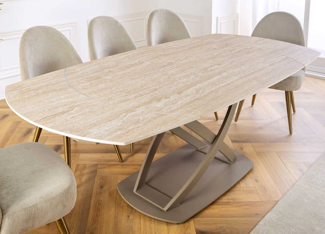 Table à manger ovale extensible aspect grège travertin moderne