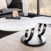 Table basse double plateaux synchronisés céramique aspect marbre blanc