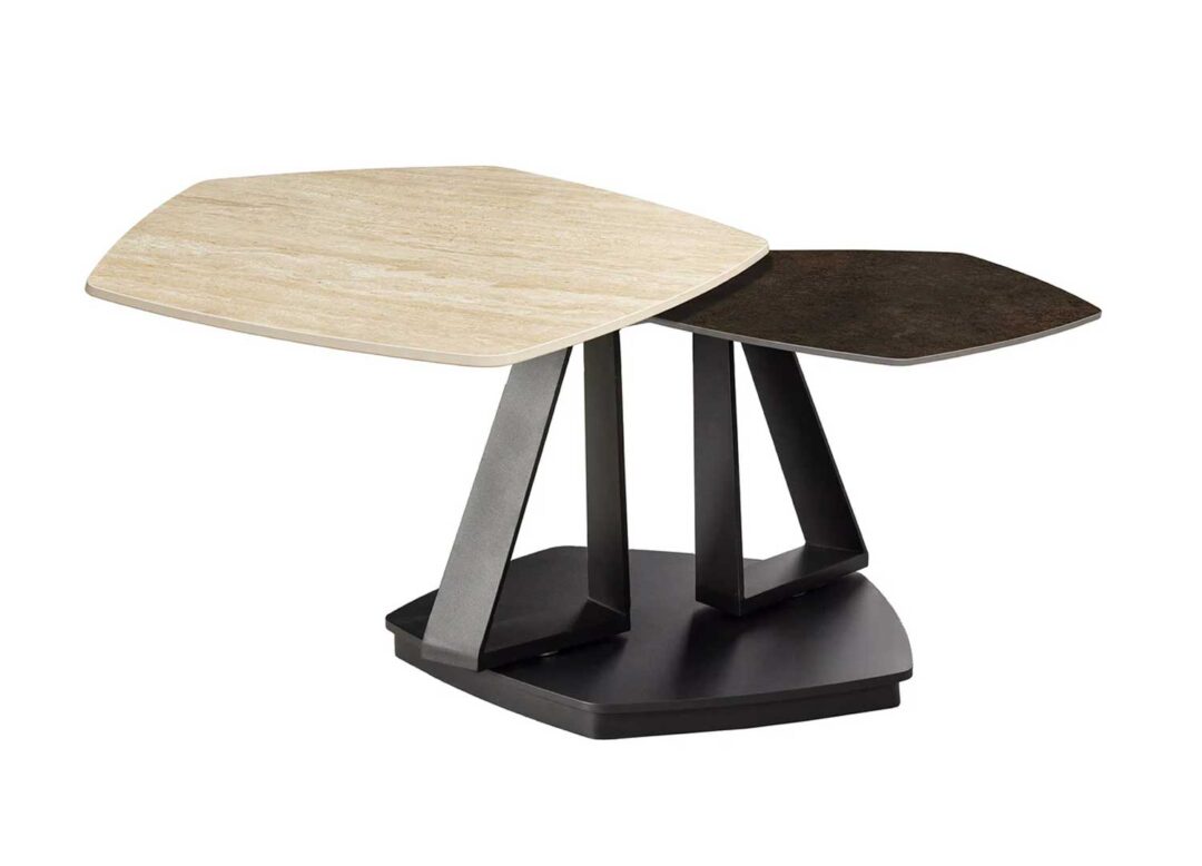 Table basse pivotante plateaux pentagonaux