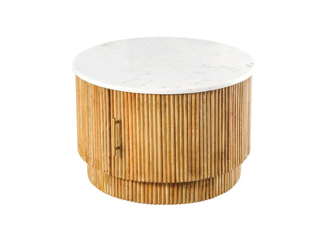 Table basse ronde bois et marbre blanc avec rangement 60 cm