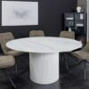 Table de salle à manger ronde en bois blanc et céramique aspect marbre blanc 120 cm