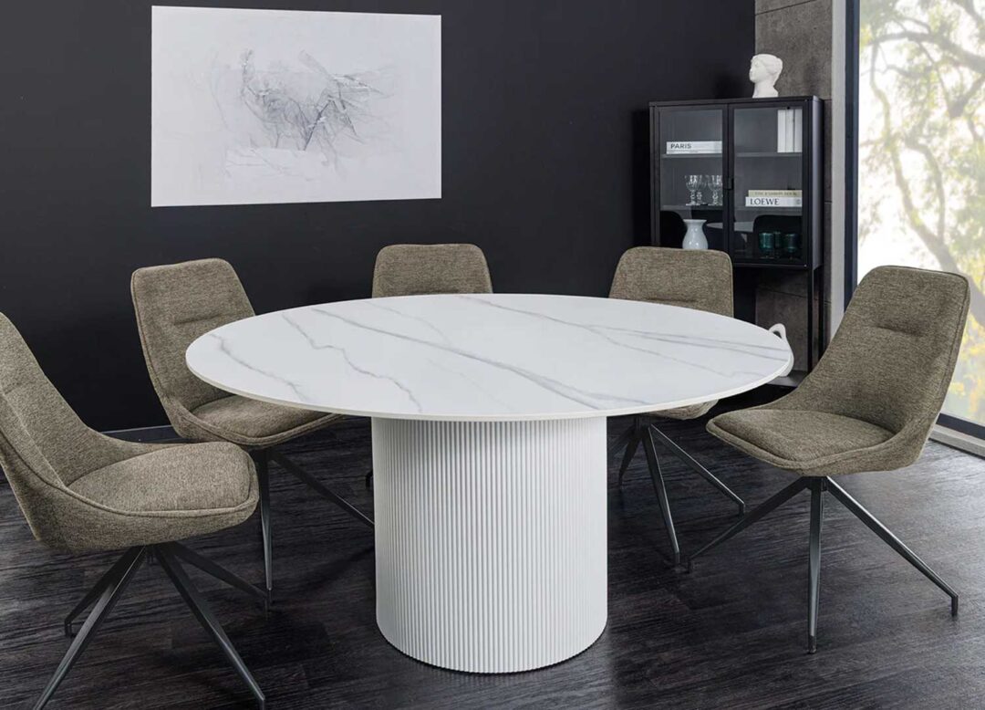 Table de salle à manger ronde en bois blanc et céramique aspect marbre blanc 120 cm