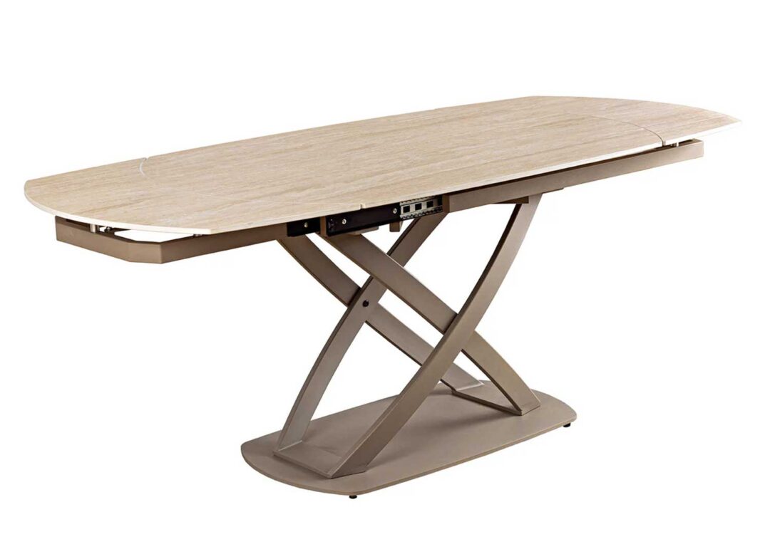 Table à manger ovale extensible aspect grège travertin moderne