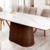 Table rectangulaire 200cm aspect marbre blanc et bois de noyer foncé