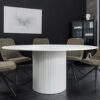 Table de salle à manger ronde en bois blanc et céramique aspect marbre blanc 120 cm