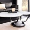 Table basse double plateaux synchronisés céramique aspect marbre blanc