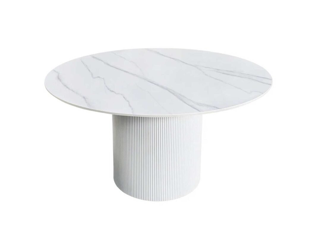 Table de salle à manger ronde en bois blanc et céramique aspect marbre blanc 120 cm