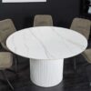 Table de salle à manger ronde en bois blanc et céramique aspect marbre blanc 120 cm
