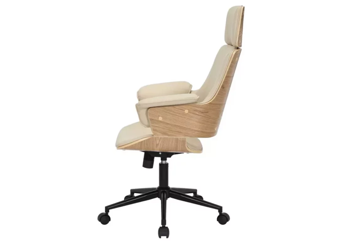 Chaise de bureau en bois plaqué de chêne et simili cuir beige