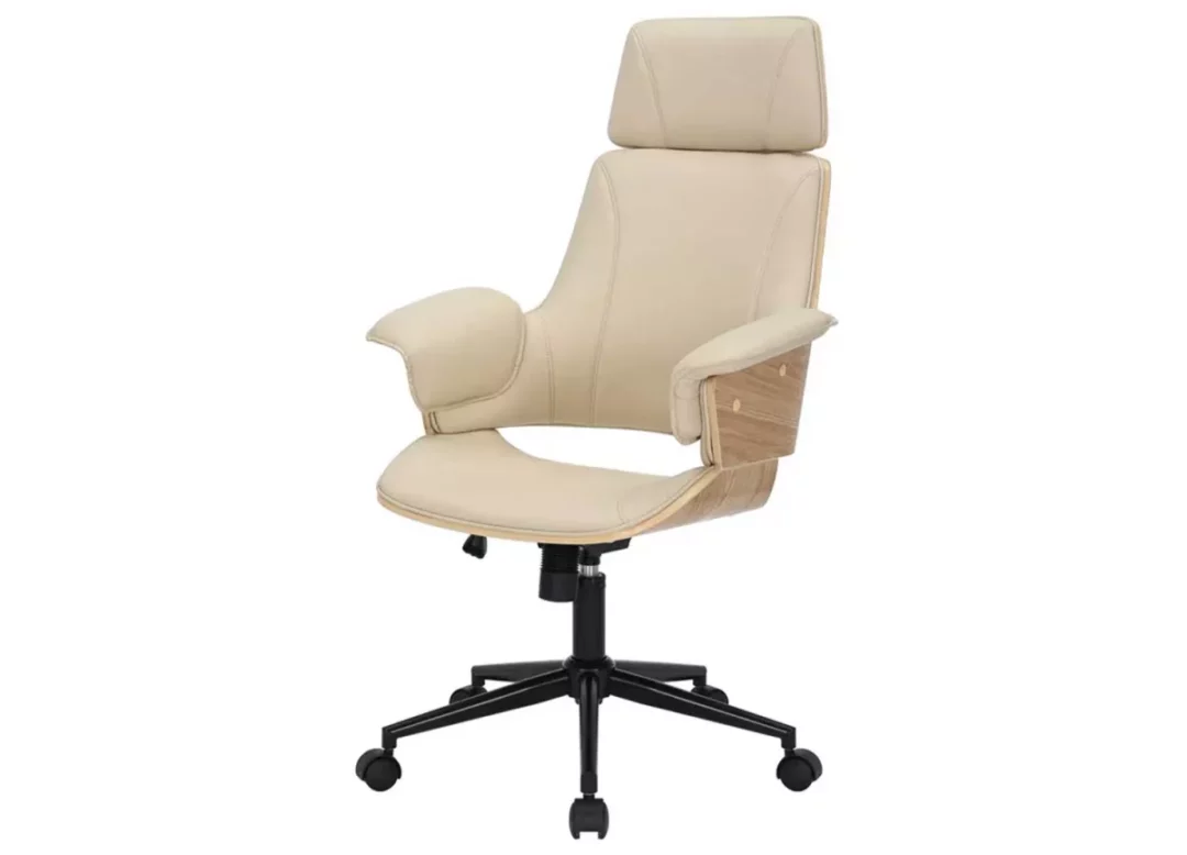 Chaise de bureau en bois plaqué de chêne et simili cuir beige