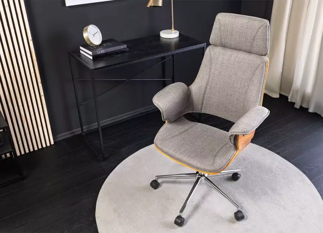 Chaise de bureau tissu gris et bois de noyer