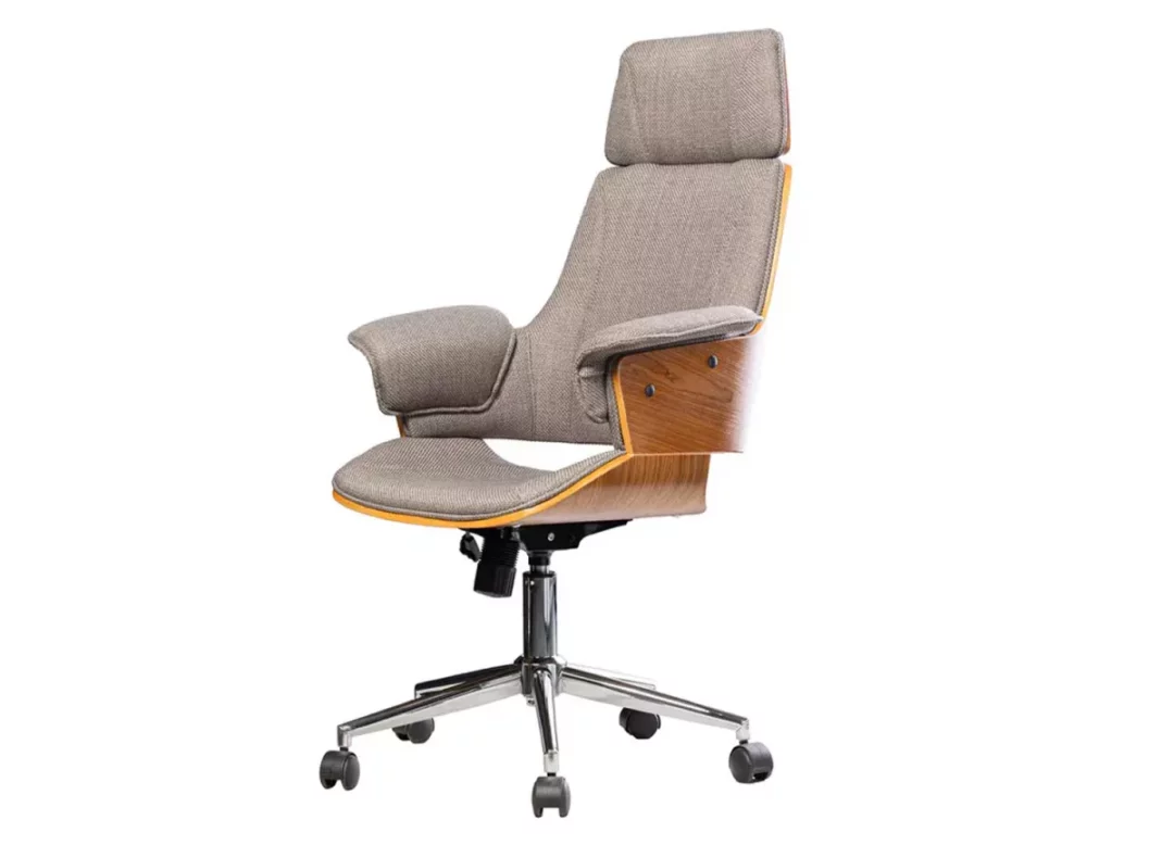 Chaise de bureau tissu gris et bois de noyer