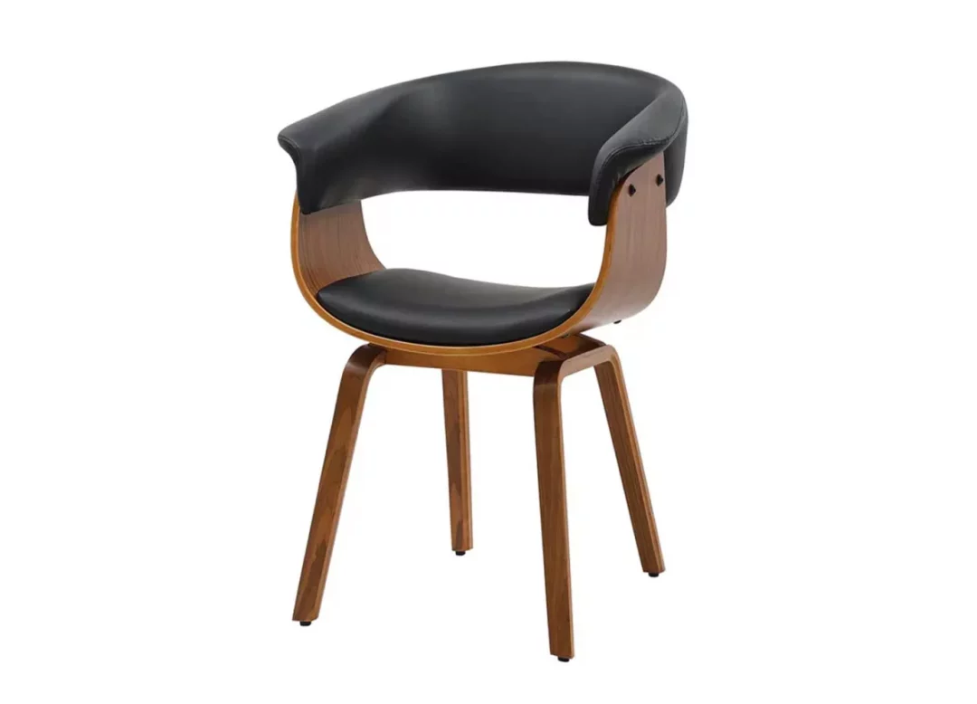 Chaise de salle à manger simili cuir noir et bois de noyer