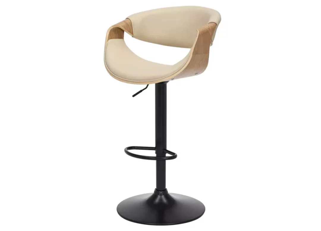 Chaise de bar bois plaqué de chêne et simili cuir beige, rotative à 360°
