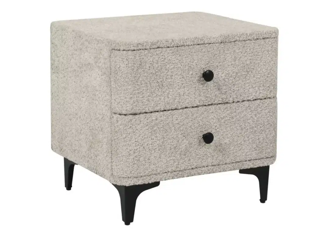 Chevet en tissu bouclé grège 2 tiroirs