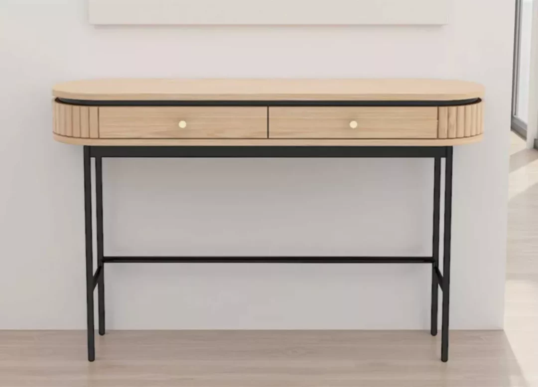 Console en bois plaqué chêne 120 cm 2 tiroirs