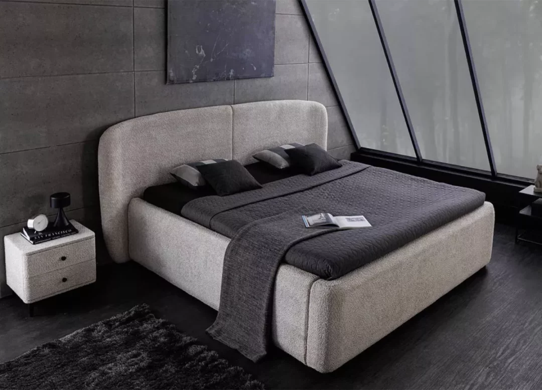 Lit coffre 180 x 200 cm en tissu bouclé grège