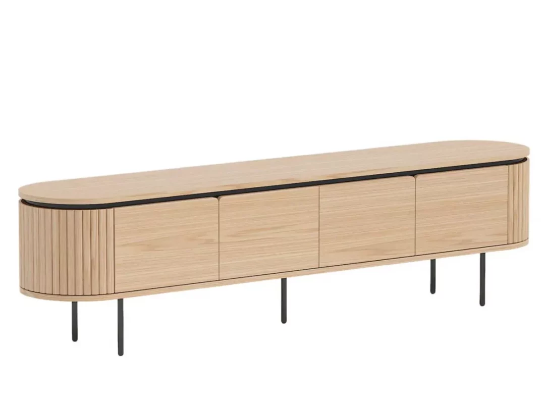 Meuble TV 200 cm en bois plaqué chêne clair 4 portes