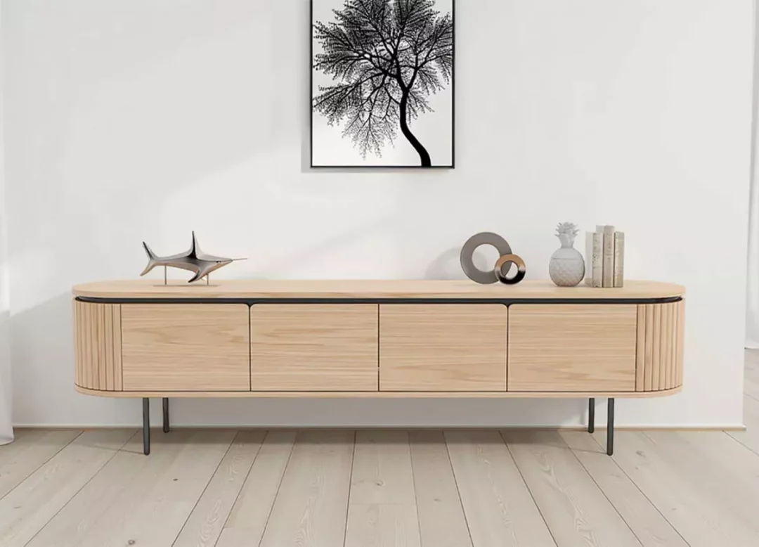 Meuble TV 200 cm en bois plaqué chêne clair 4 portes