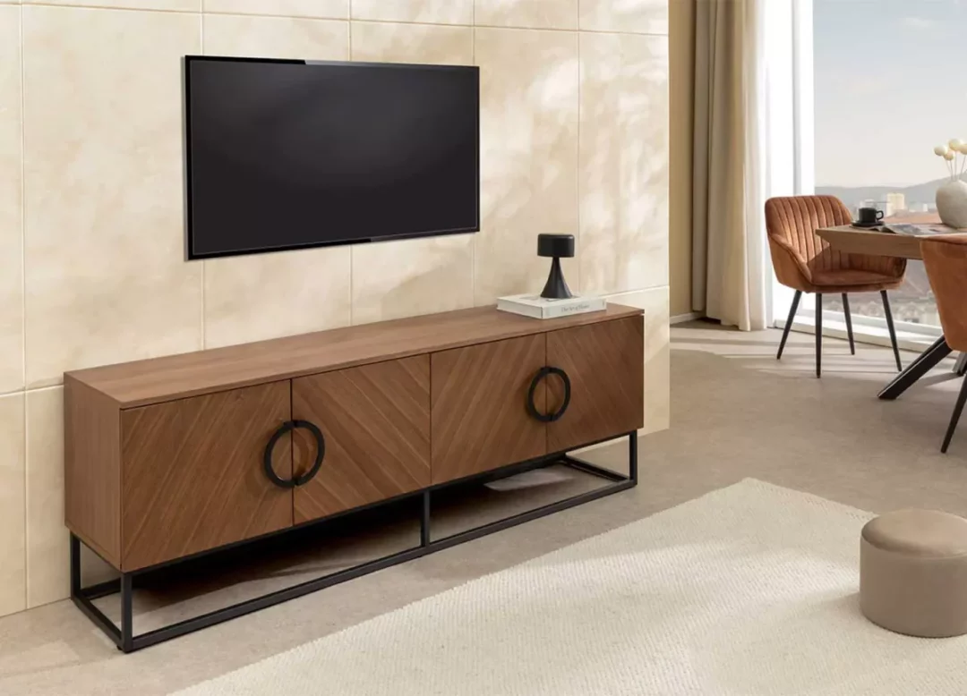 Meuble TV 180 cm en bois plaqué de noyer 4 portes
