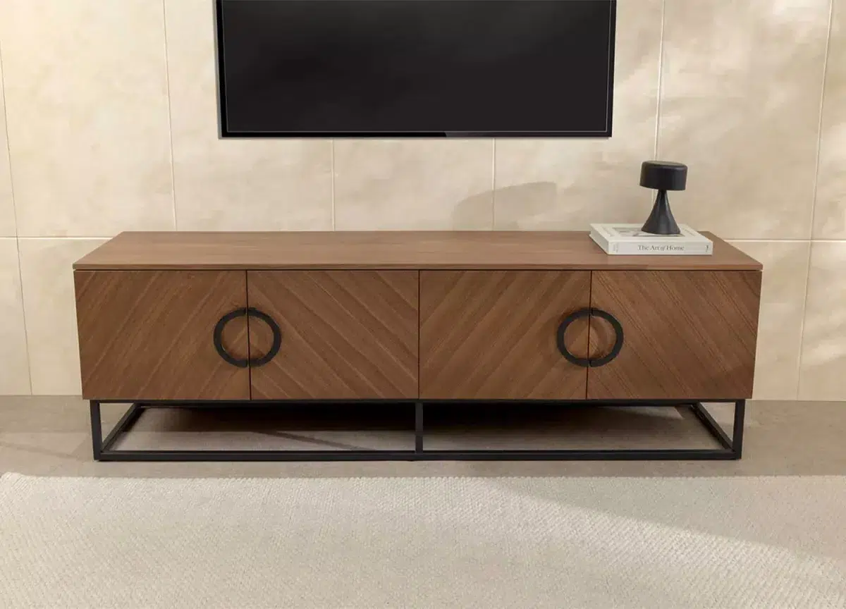 Meuble TV 180 cm en bois plaqué de noyer 4 portes