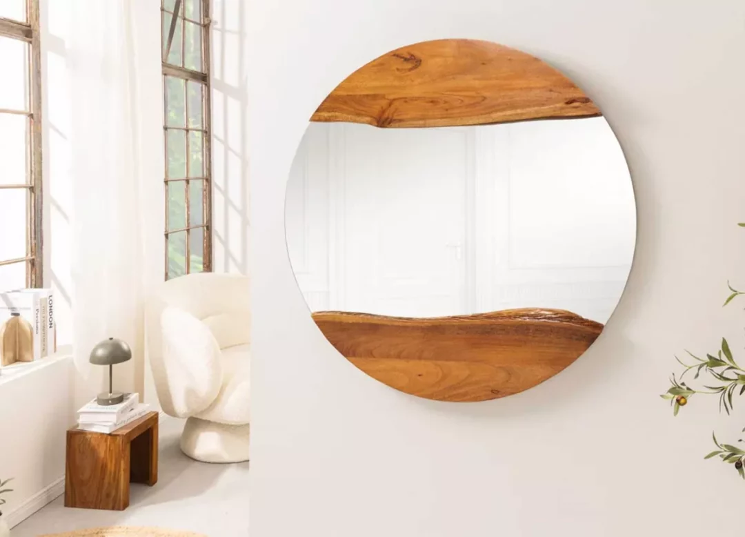 Miroir rond mural en bois massif d'acacia 100 cm
