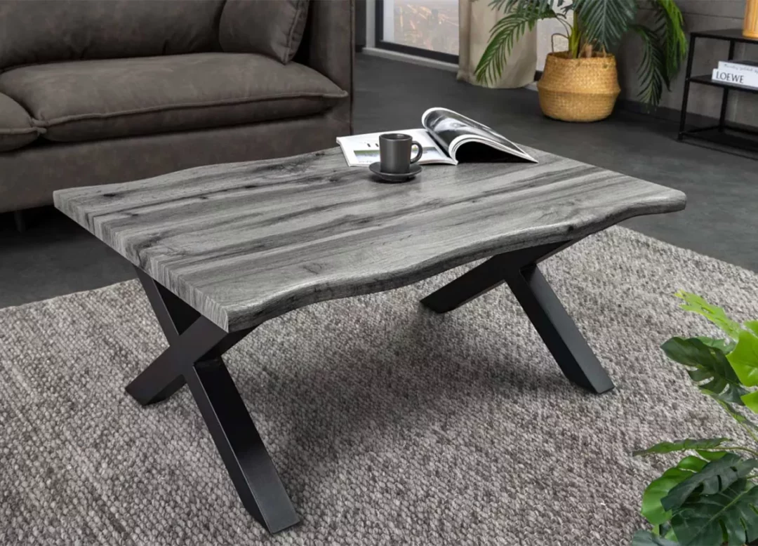 Table basse rectangulaire 90cm bois grisé et pieds métal noir