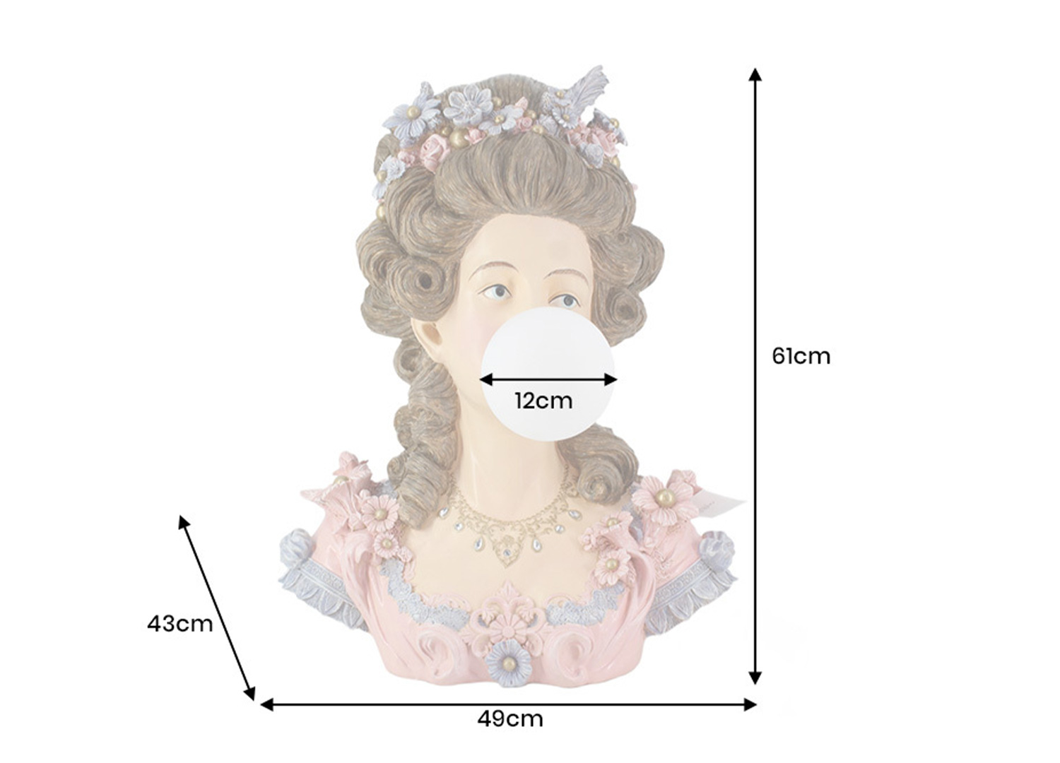Dimensions de la lampe de table buste femme bulle