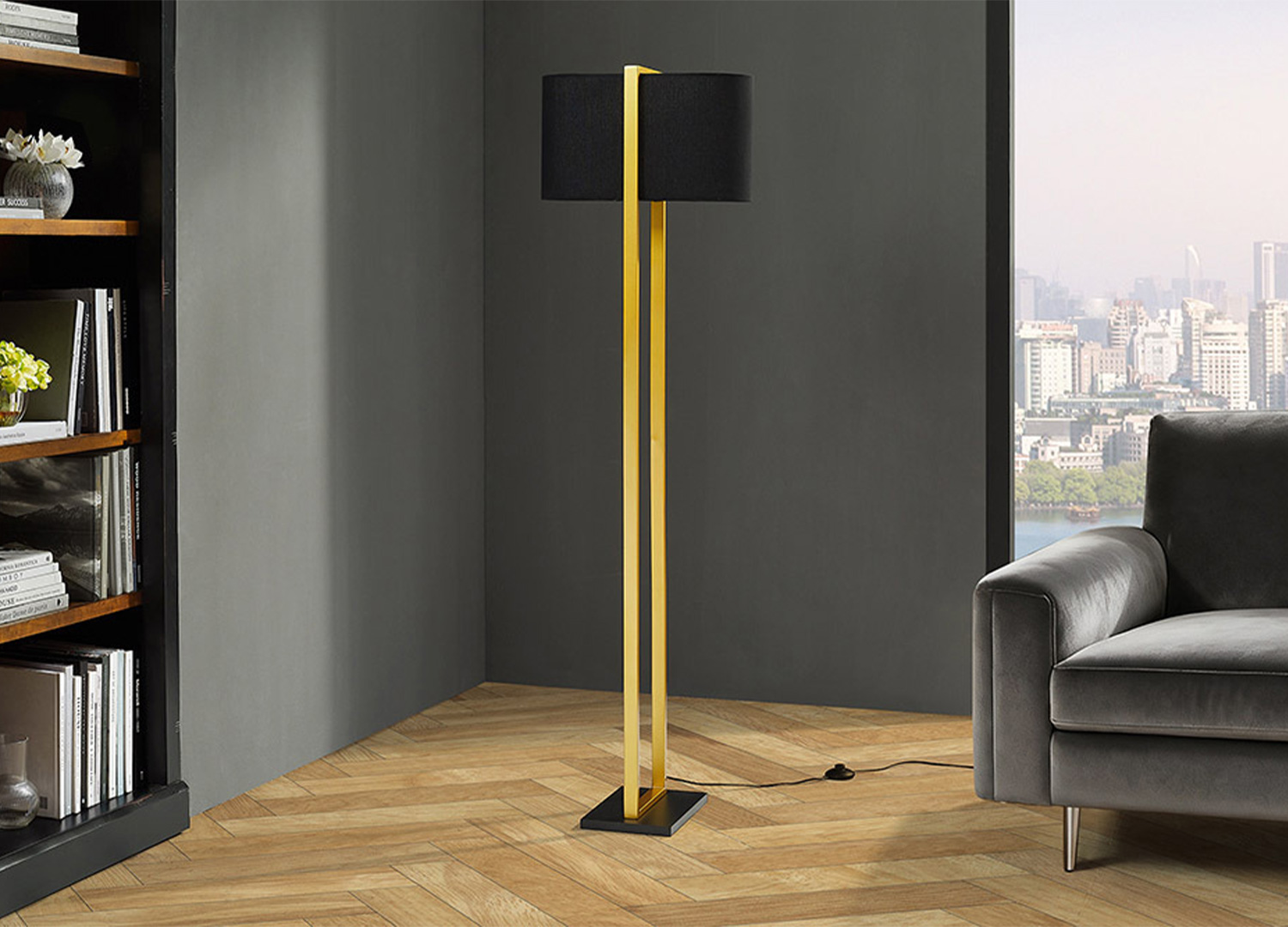 lampadaire moderne noir et or