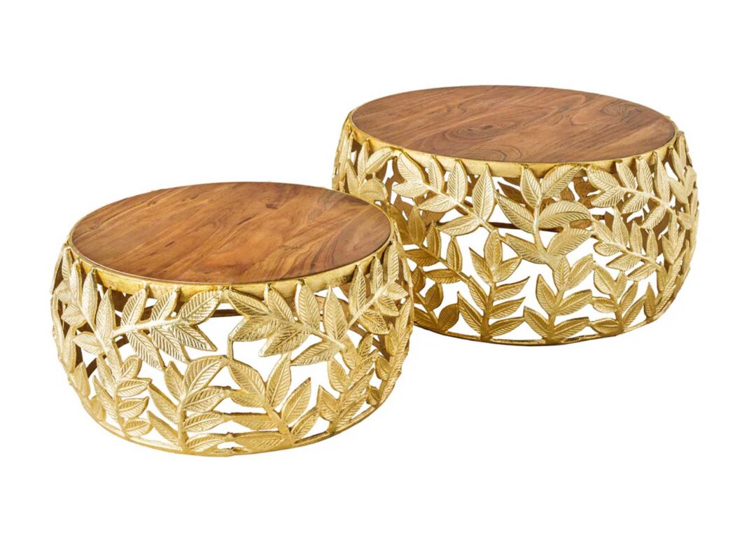 table basse bois et métal doré