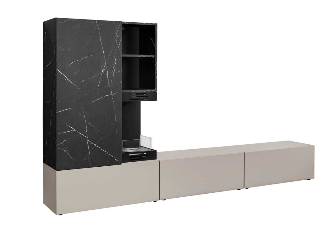 meuble télé avec cheminée bio éthanol et effet marbre noir