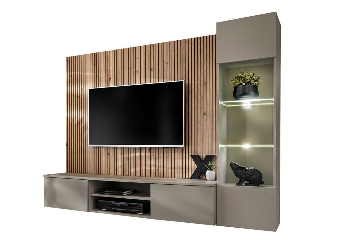 euble tv avec vitrine et panneau décoratif bois