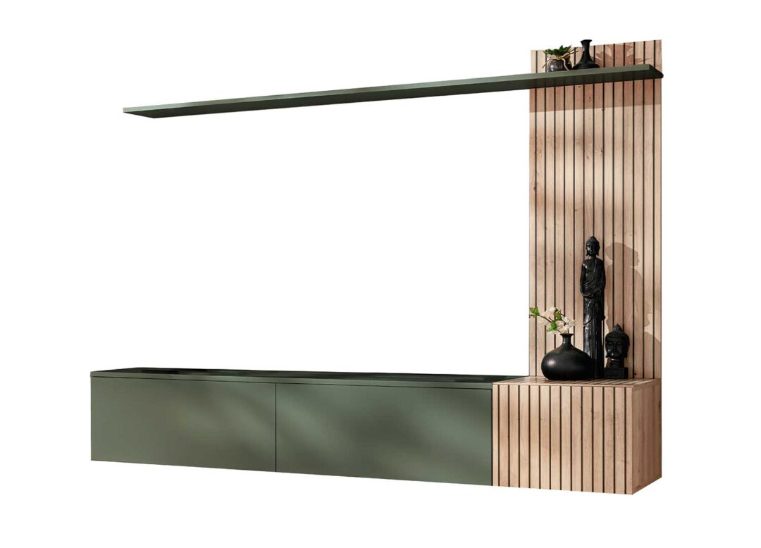 Meuble TV design avec panneaux effet tasseaux