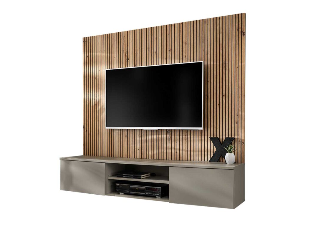 Meuble TV de salon suspendu gris argile et chêne 160 cm