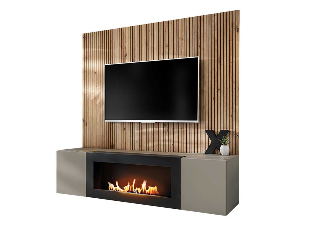 Composition tv murale avec cheminée décorative