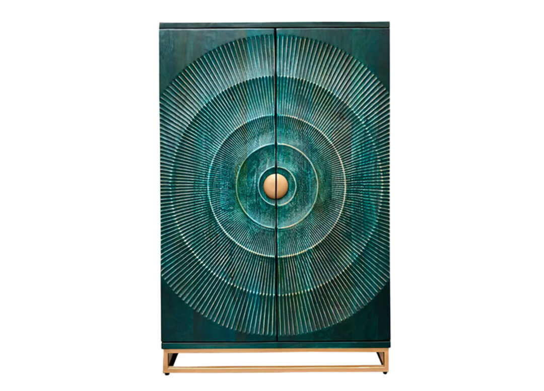 meuble bar turquoise et doré en bois massif