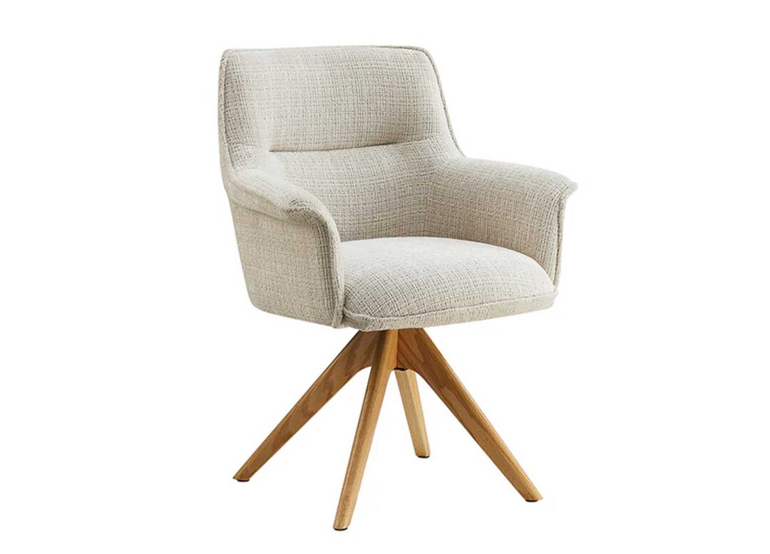 Chaise pivotante moderne tissu chenille beige et pied étoile chêne massif
