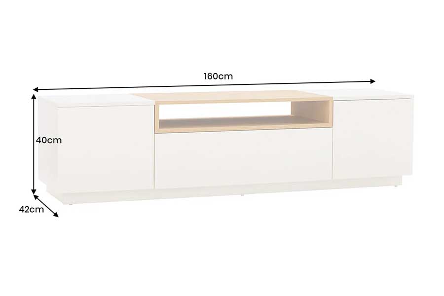 Dimensions du meuble TV ORION blanc et bois 160 cm largeur 160 cm hauteur 40 cm profondeur 42 cm