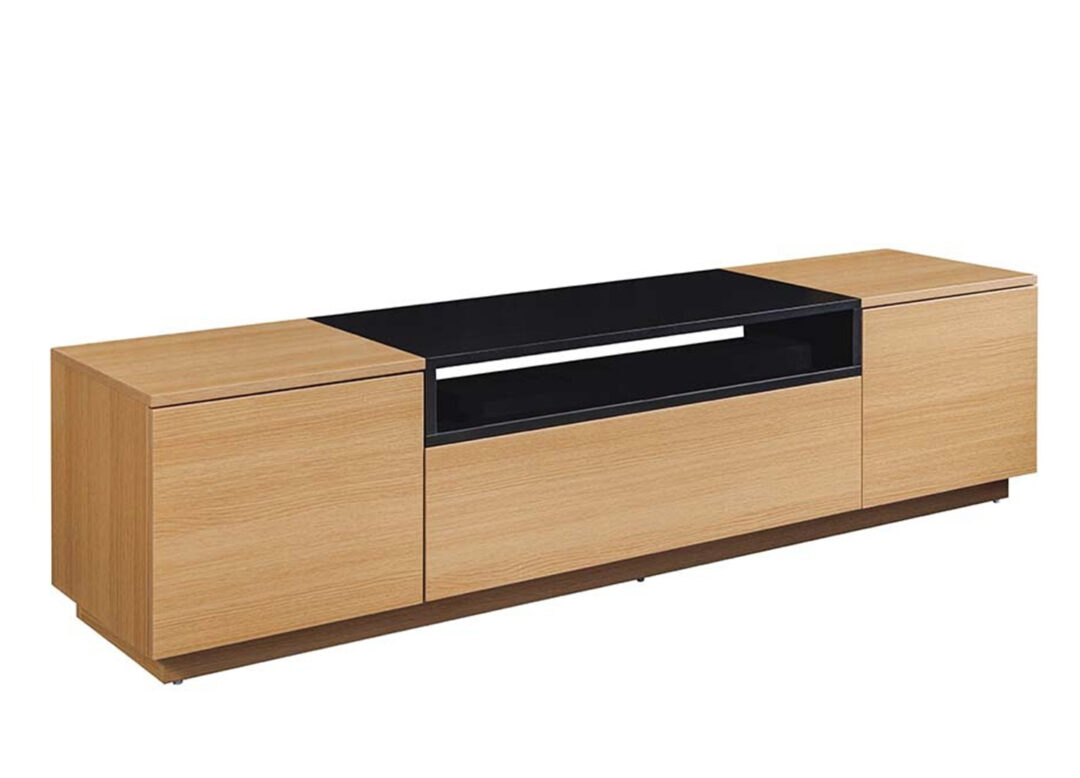 Meuble TV ORION 160 cm avec tiroir central ouvert, niche multimédia et finition chêne naturel noir