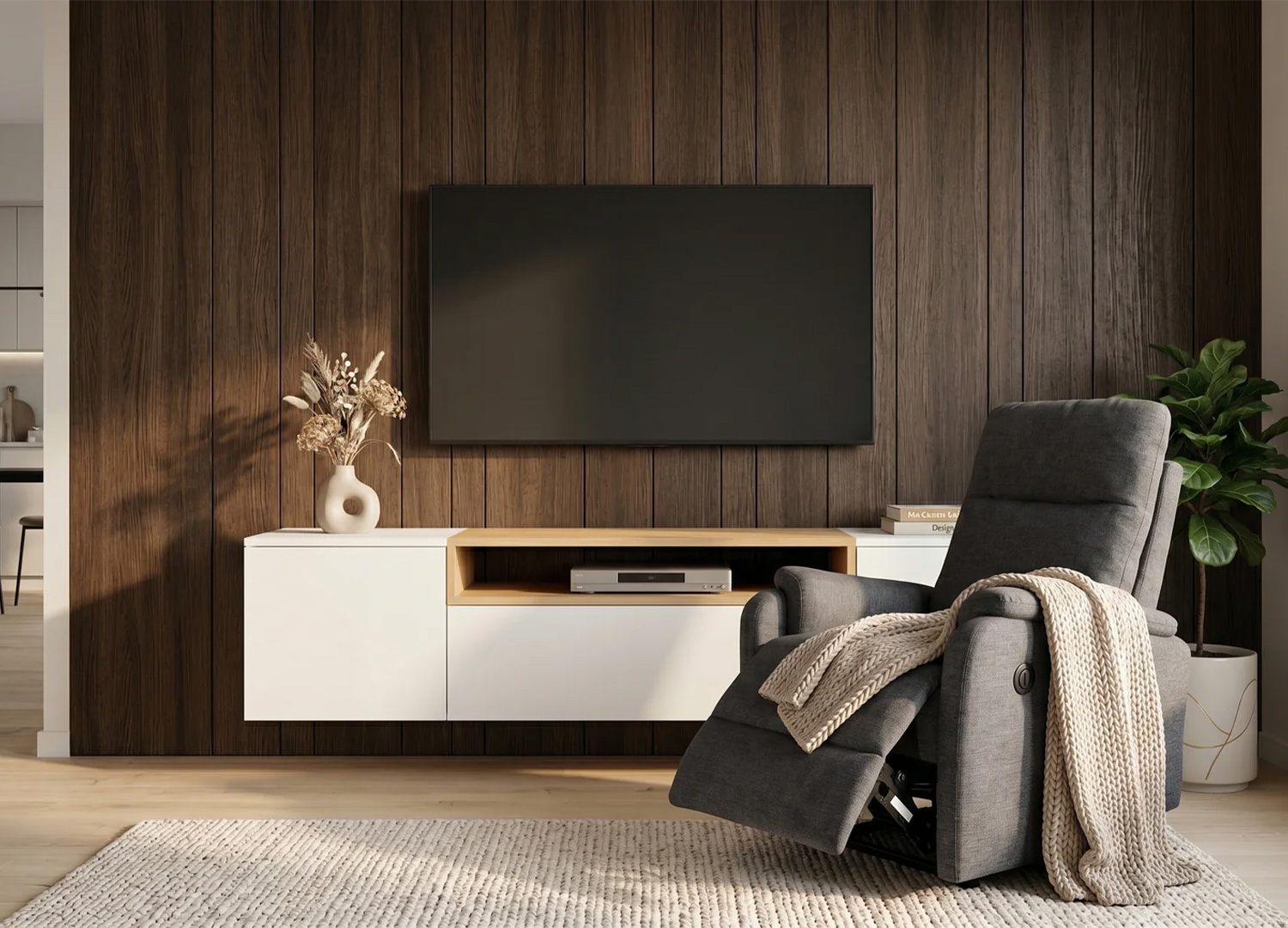 Fauteuil relax électrique CINÉA gris anthracite avec plaid dans un salon chaleureux