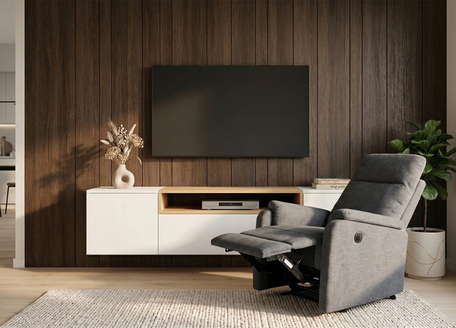Fauteuil relax électrique CINÉA gris en position allongée dans un salon moderne