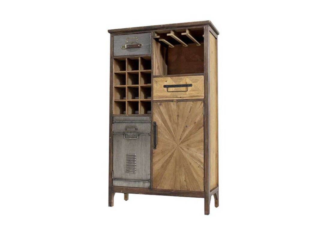 Meuble bar CAVINO 120 cm en pin vintage et métal avec rangements bouteilles et verres
