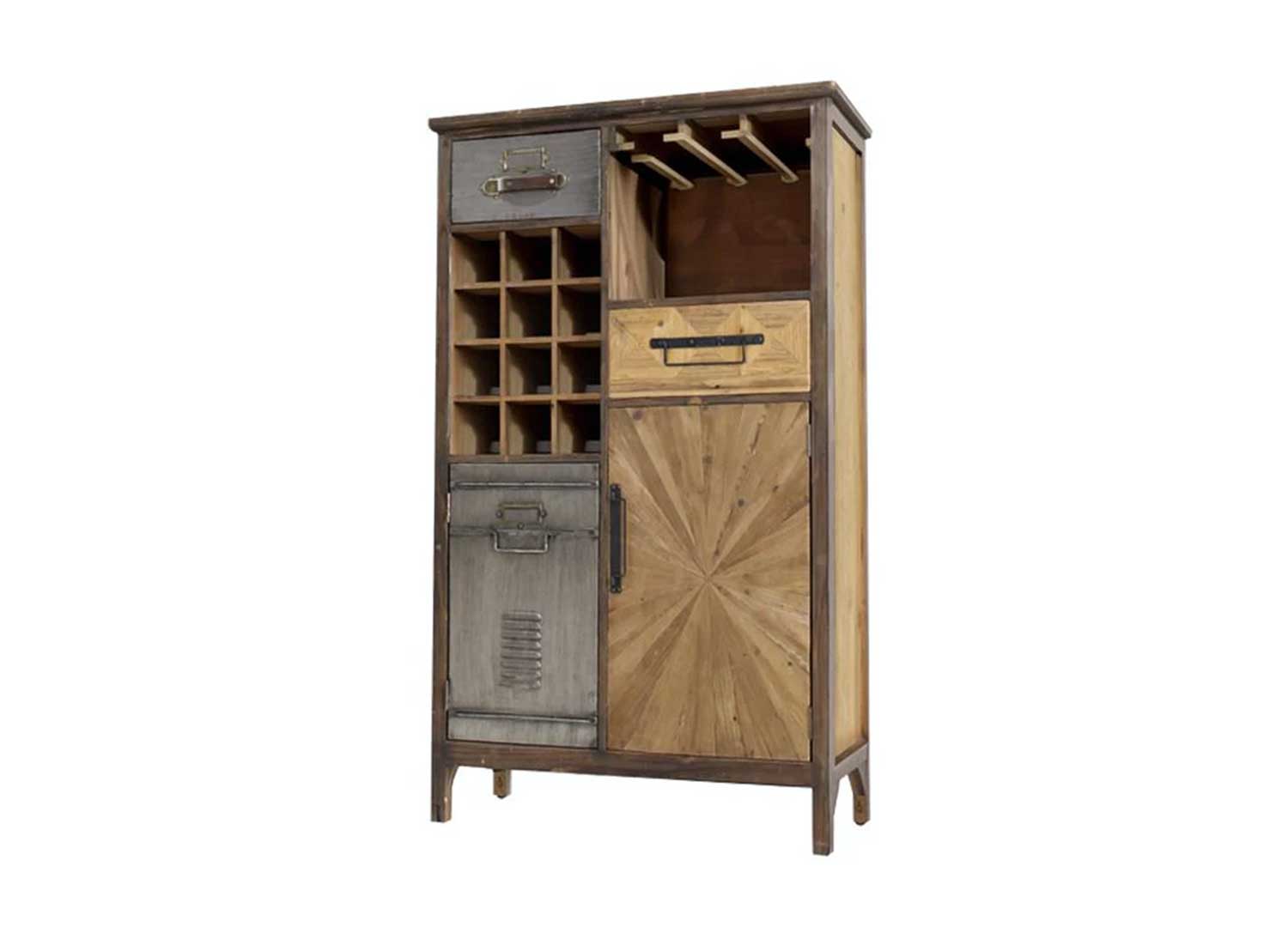 Meuble bar CAVINO 120 cm en pin vintage et métal avec rangements bouteilles et verres