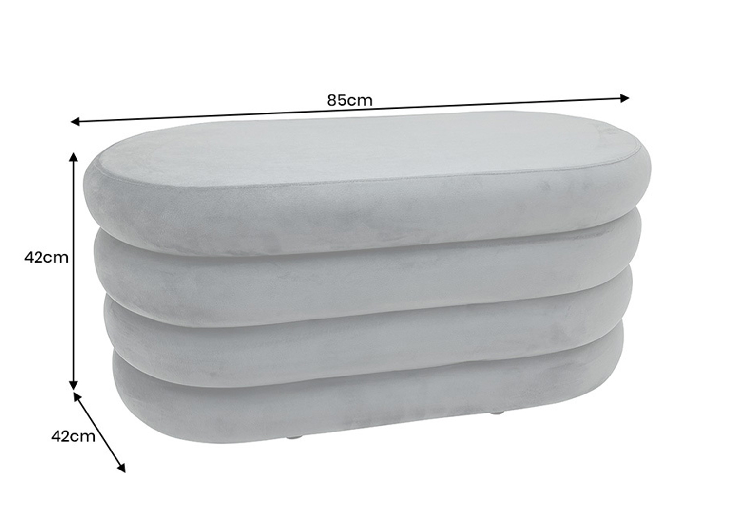 Dimensions du banc coffre ELYA gris en velours 85 cm de largeur 42 cm de hauteur et 42 cm de profondeur