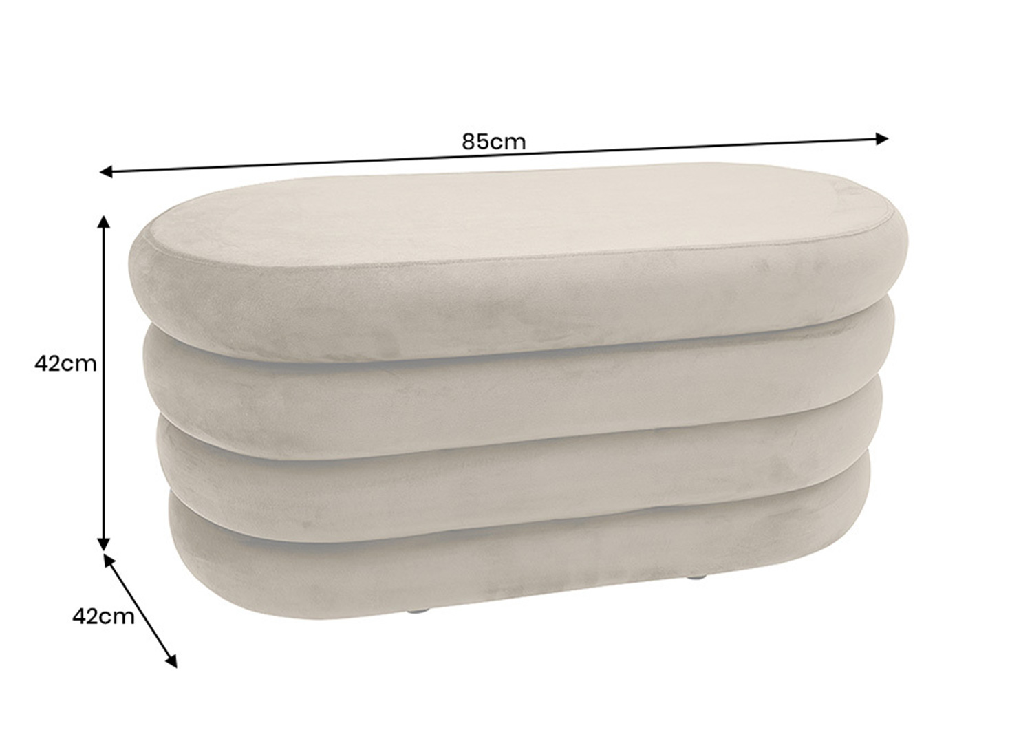 Dimensions du banc coffre ELYA taupe champagne en velours, 85 x 42 x 42 cm