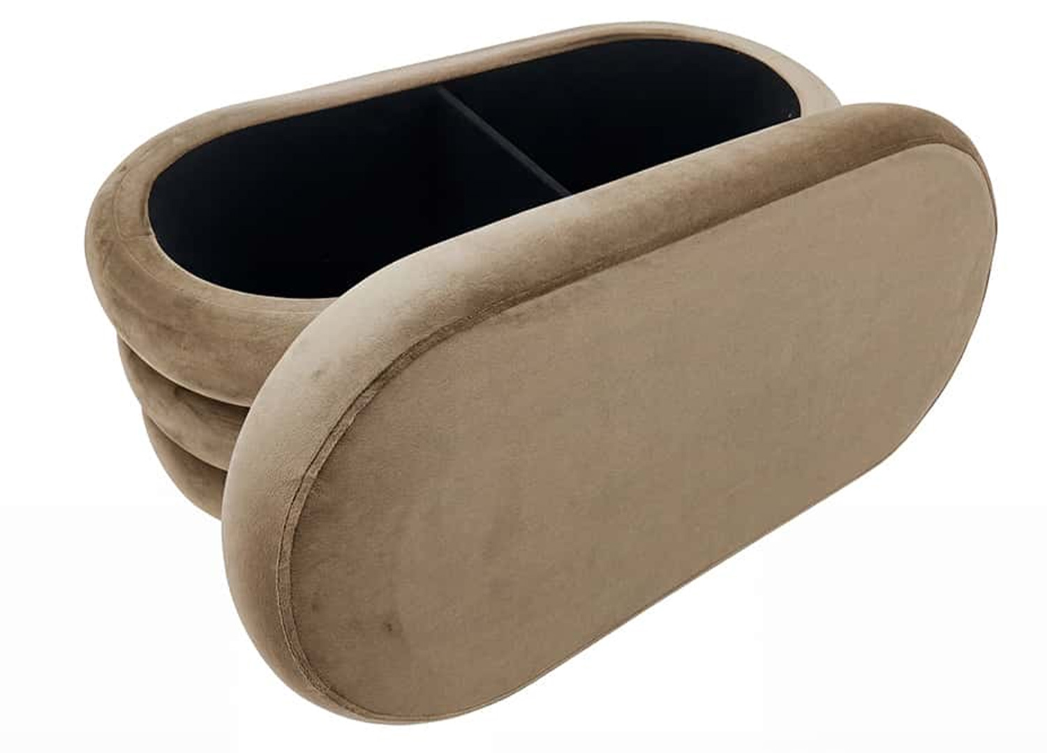 Banc coffre ELYA taupe champagne avec espace de rangement ouvert et finition velours douce