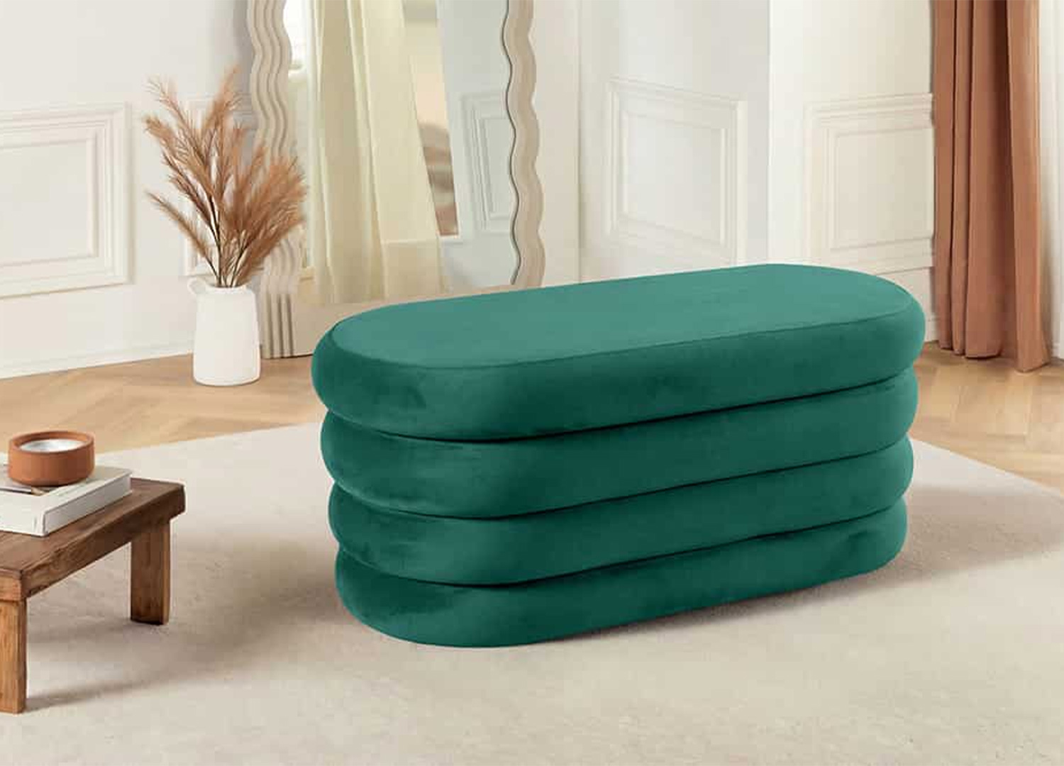 Banc coffre ELYA vert en velours, format 85 cm, assise fermée au design élégant